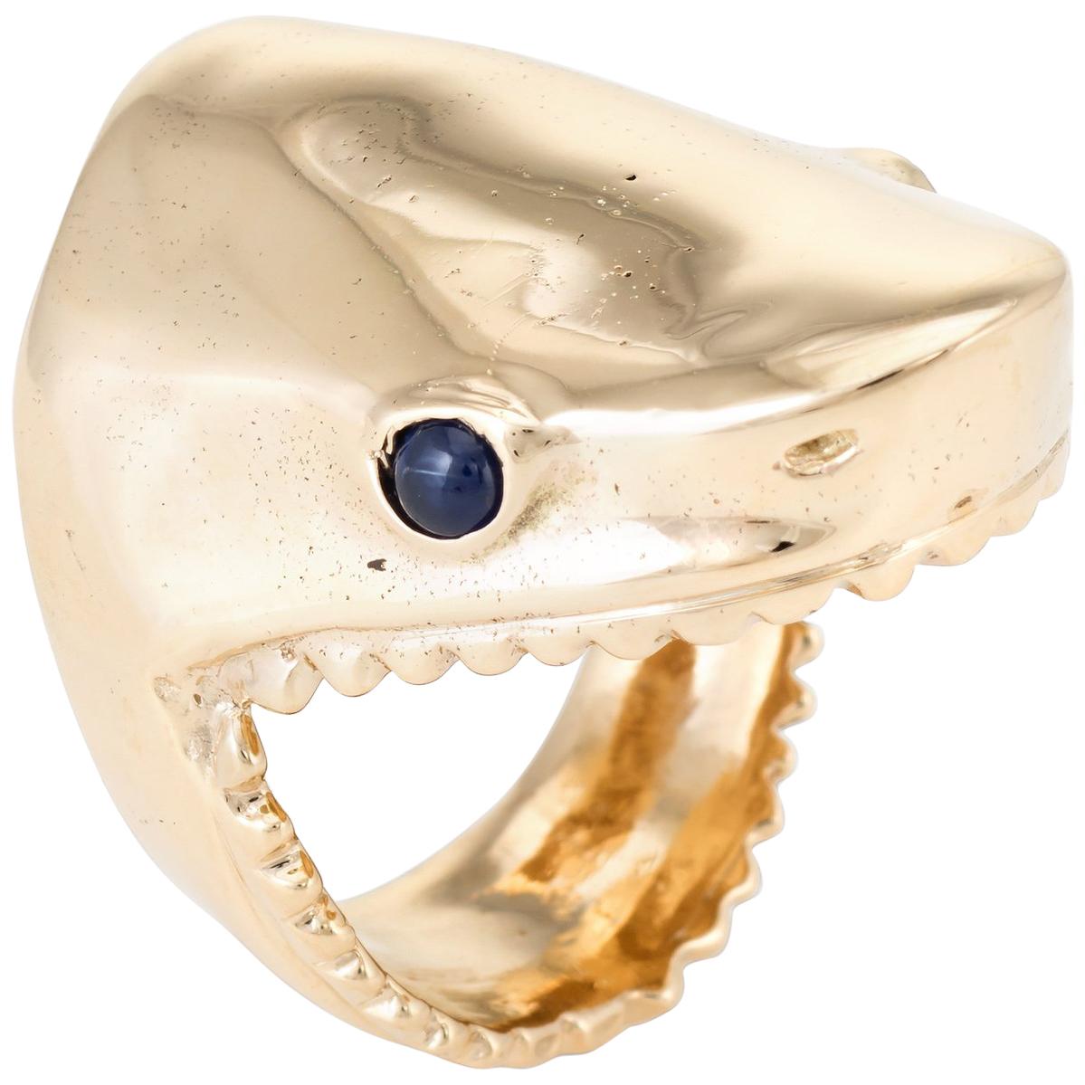 Shark Head Ring Vintage 14 Karat Gold Sapphire Eyes Marine Ocean Sea Jewelry