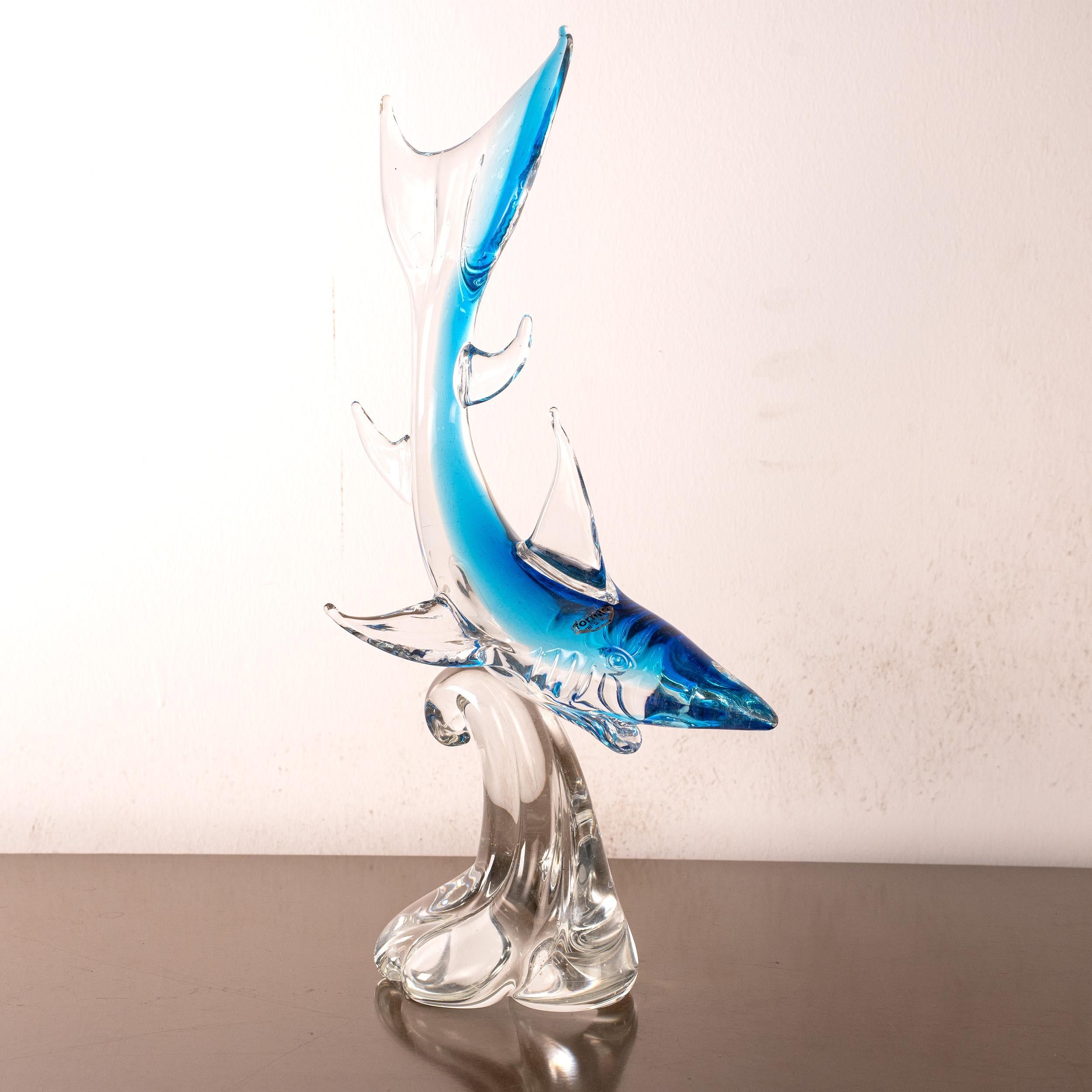 Shark Sculpture in Crystal Murano glass with shades of blue, Italy in stock For Sale 3
