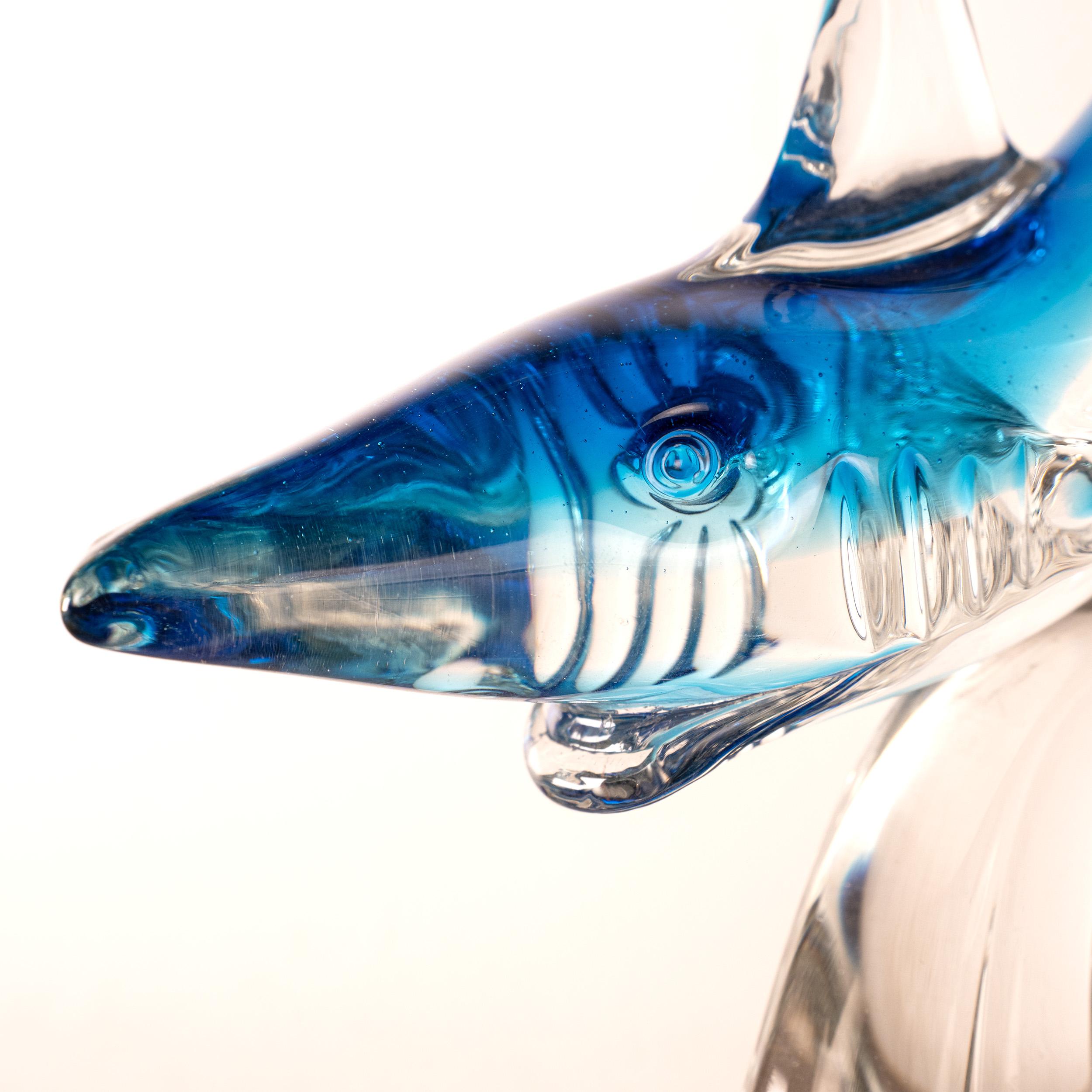 Italian Shark Sculpture in Crystal Murano glass with shades of blue, Italy in stock For Sale