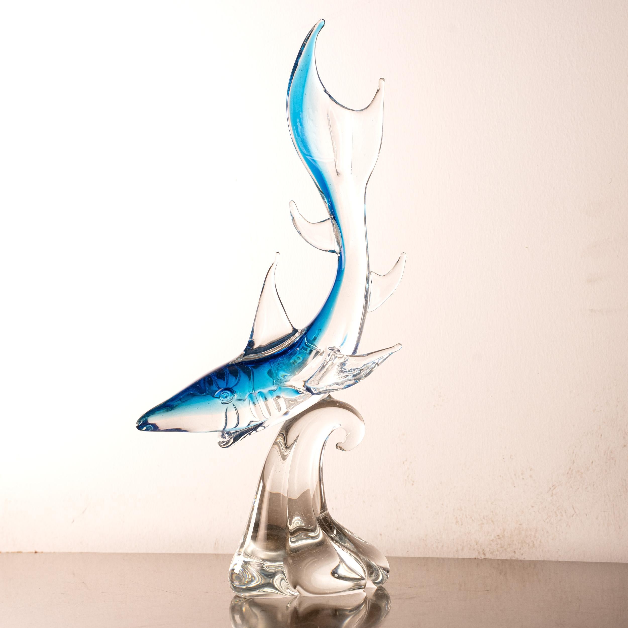 Shark Sculpture in Crystal Murano glass with shades of blue, Italy in stock In Good Condition For Sale In Venezia, IT