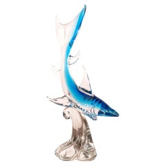 Shark Sculpture in Crystal Murano glass with shades of blue, Italy in stock