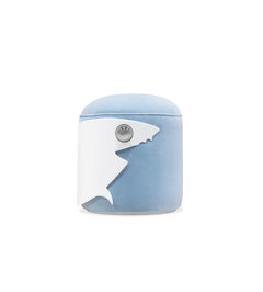 Shark Kids Stool in White Wood and Baby Blue Velvet by Circu Magical Furniture