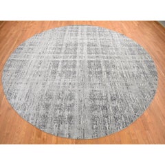 Sharkskin Gray Modern Criss Cross Erased Design Hand Knotted Pure Wool Round Rug