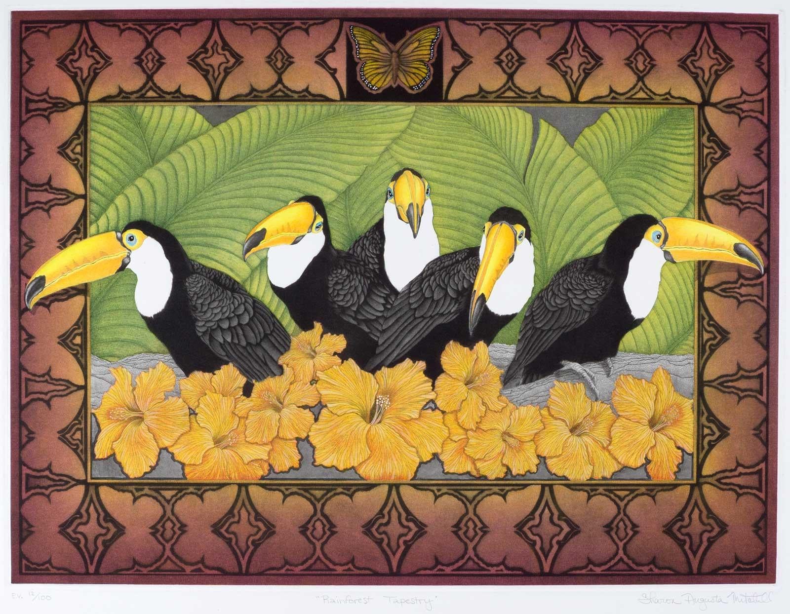 Sharon Augusta Mitchell created this vividly colored image of five toucans with bright yellow bills set against a background of green tropical ferns and bright orange flowers.  The image combines drypoint, mezzotint and aquatint with drawing and was