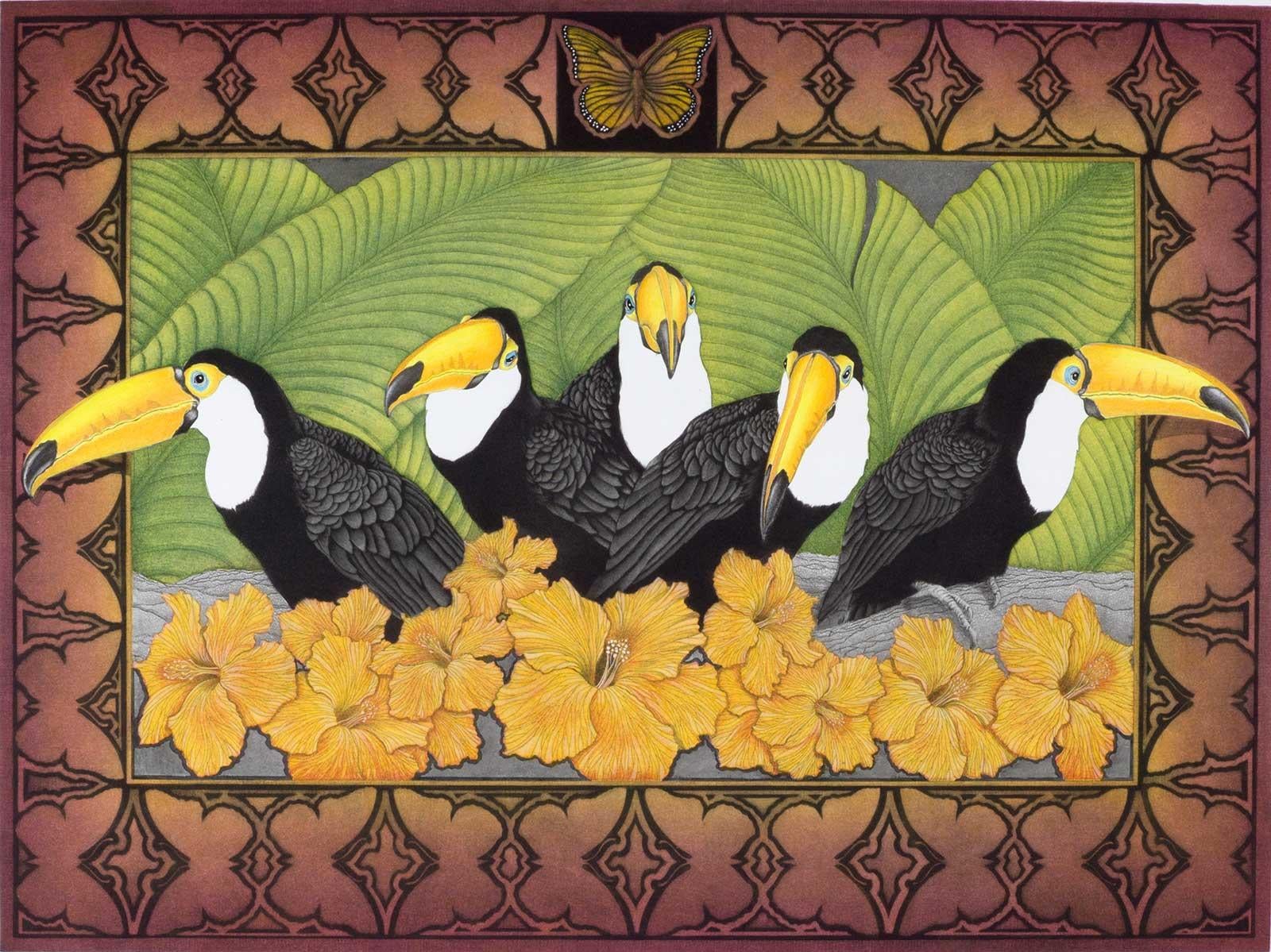 Rainforest Tapestry(colorful image of birds, ferns and flowers found in tropics)