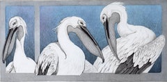 Vintage White Pelicans (Three white pelicans against white and silver background)