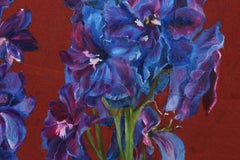 Due Delphinium di Sharon Brill - Pittura su carta vetrata, fiori sciolti