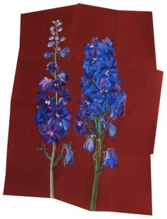 Due Delphinium di Sharon Brill - Pittura su carta vetrata, fiori sciolti
