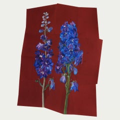 Due Delphinium di Sharon Brill - Pittura su carta vetrata, fiori sciolti