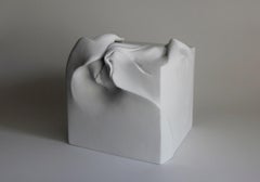 Cube 1 by Sharon Brill - Abstract clay sculpture, white, geometric, motion