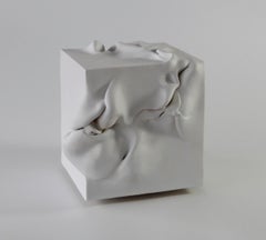Cube 4 by Sharon Brill - Abstract Clay Sculpture, white, organic forms