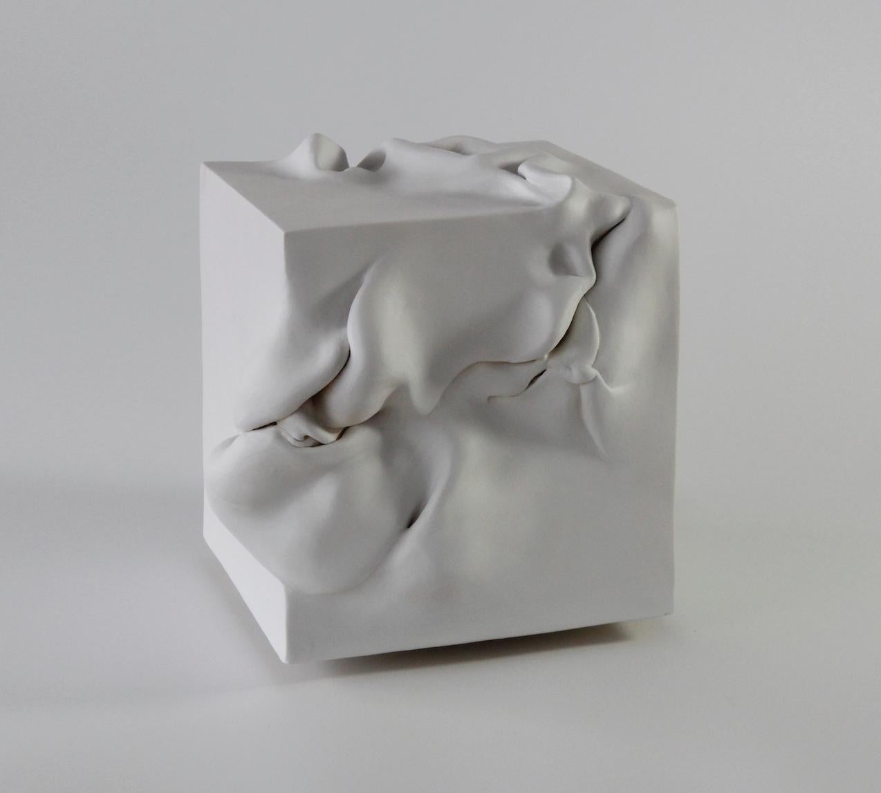 Cube 4 by Sharon Brill - Abstract Clay Sculpture, white, organic forms