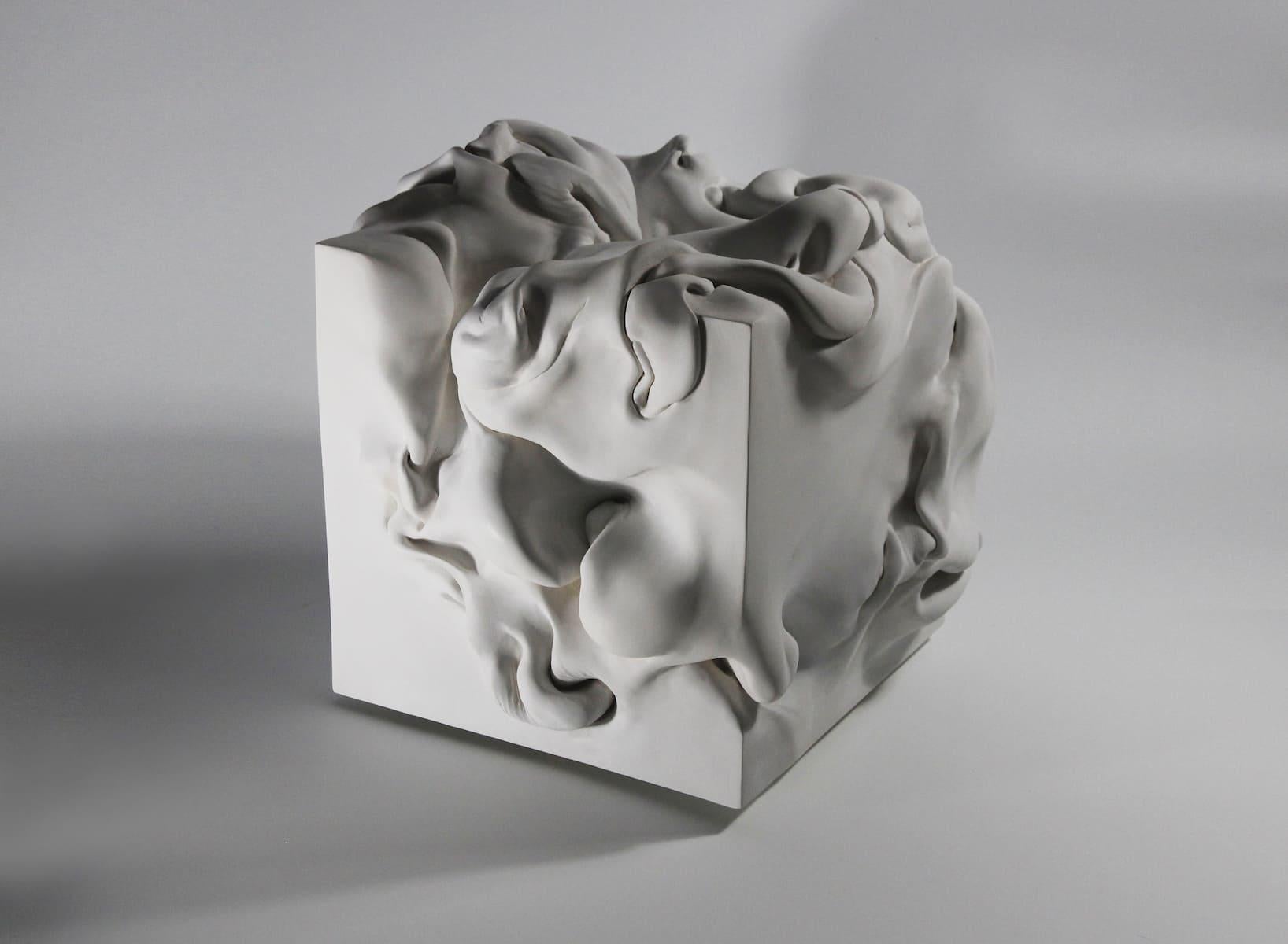 Cube 5 by Sharon Brill - Abstract clay sculpture, white, organic forms, ceramic