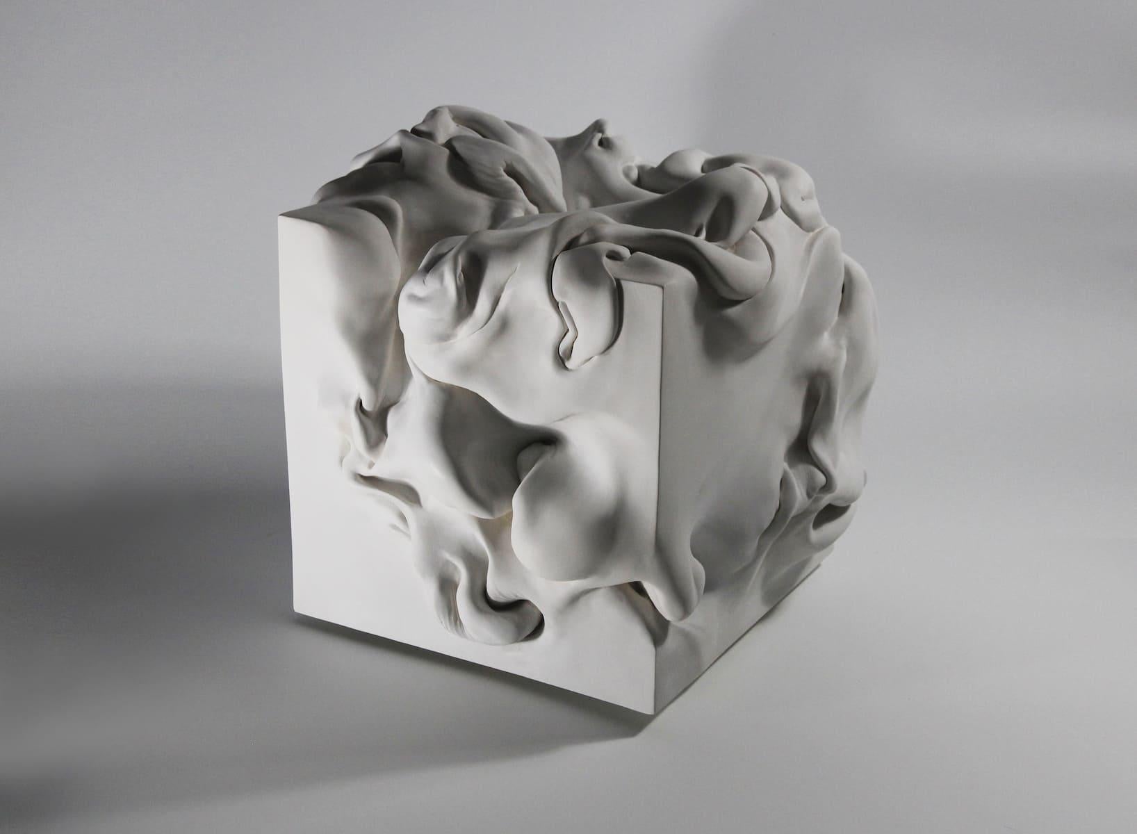 Cube 5 by Sharon Brill - Abstract Clay Sculpture, white, organic forms
