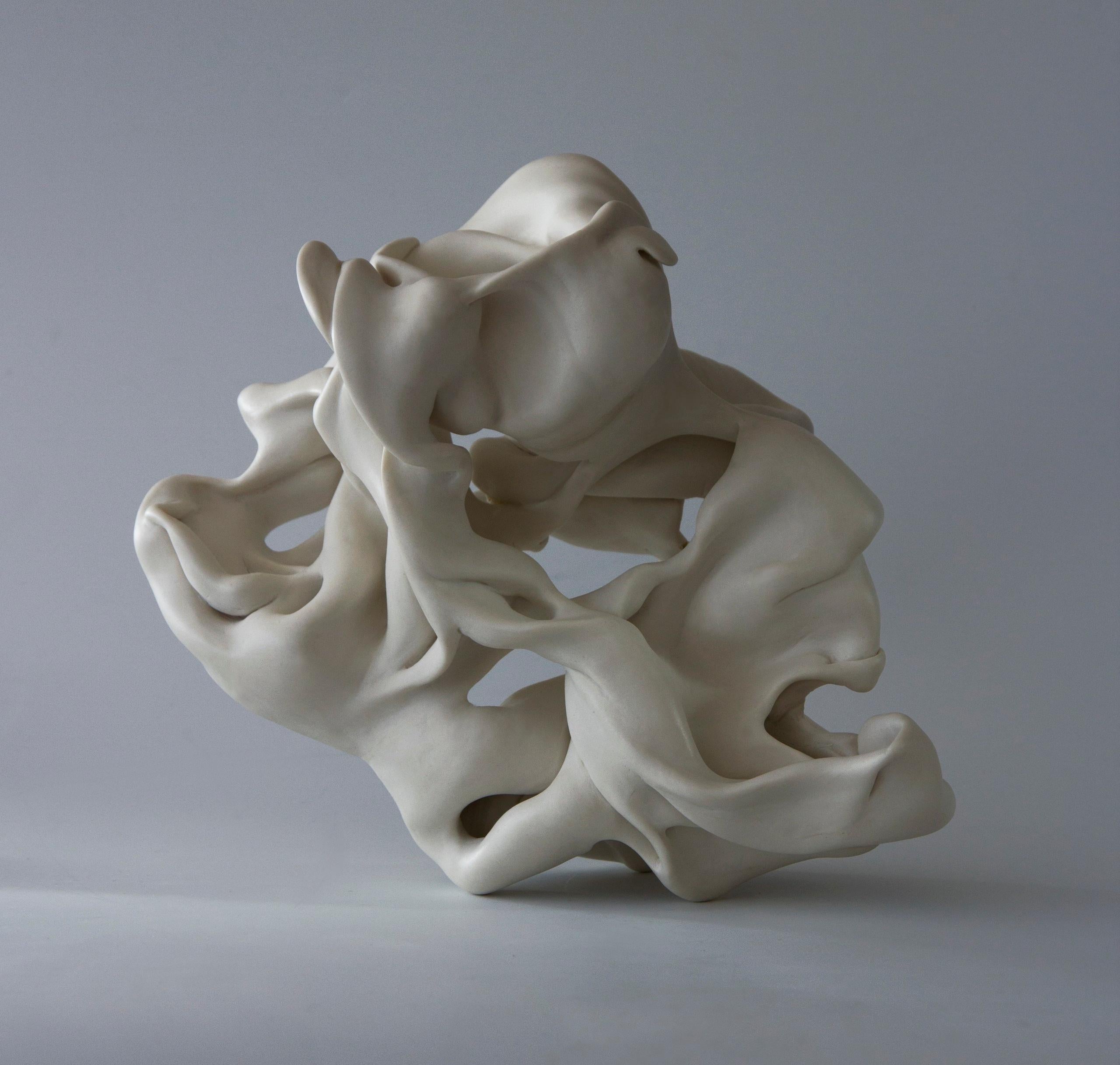 Hollows 6 is a unique sculpture by contemporary artist Sharon Brill. This is a wheel thrown altered and sandblasted porcelain sculpture, sold with a round ceramic stand, dimensions are 17 × 21 × 16 cm (6.7 × 8.3 × 6.3 in).
This sculpture is a unique