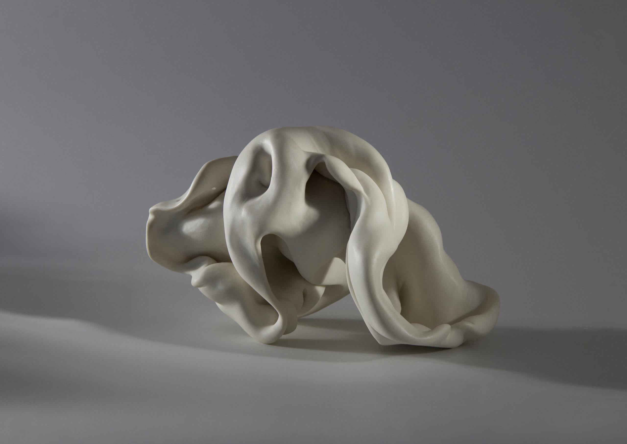 Hollows 7 is a unique sculpture by contemporary artist Sharon Brill. This is a wheel thrown altered and sandblasted porcelain sculpture, sold with a round ceramic stand, dimensions are 11 × 18 × 12 cm (4.3 × 7.1 × 4.7 in).
This sculpture is a unique