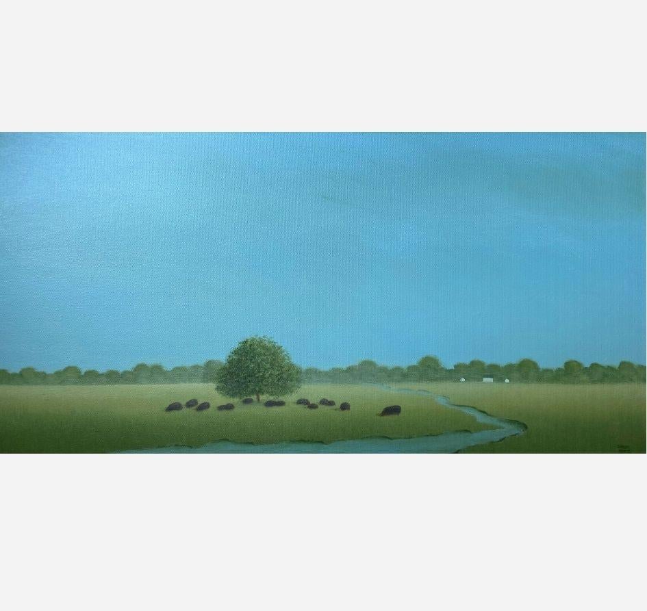 Ganado pastando junto a un tranquilo arroyo, Pintura, Acrílico sobre lienzo - Painting Impresionista de Sharon  France