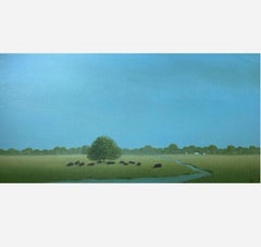 Cattle Grazing by a Quiet Stream, Painting, Acrylic on Canvas