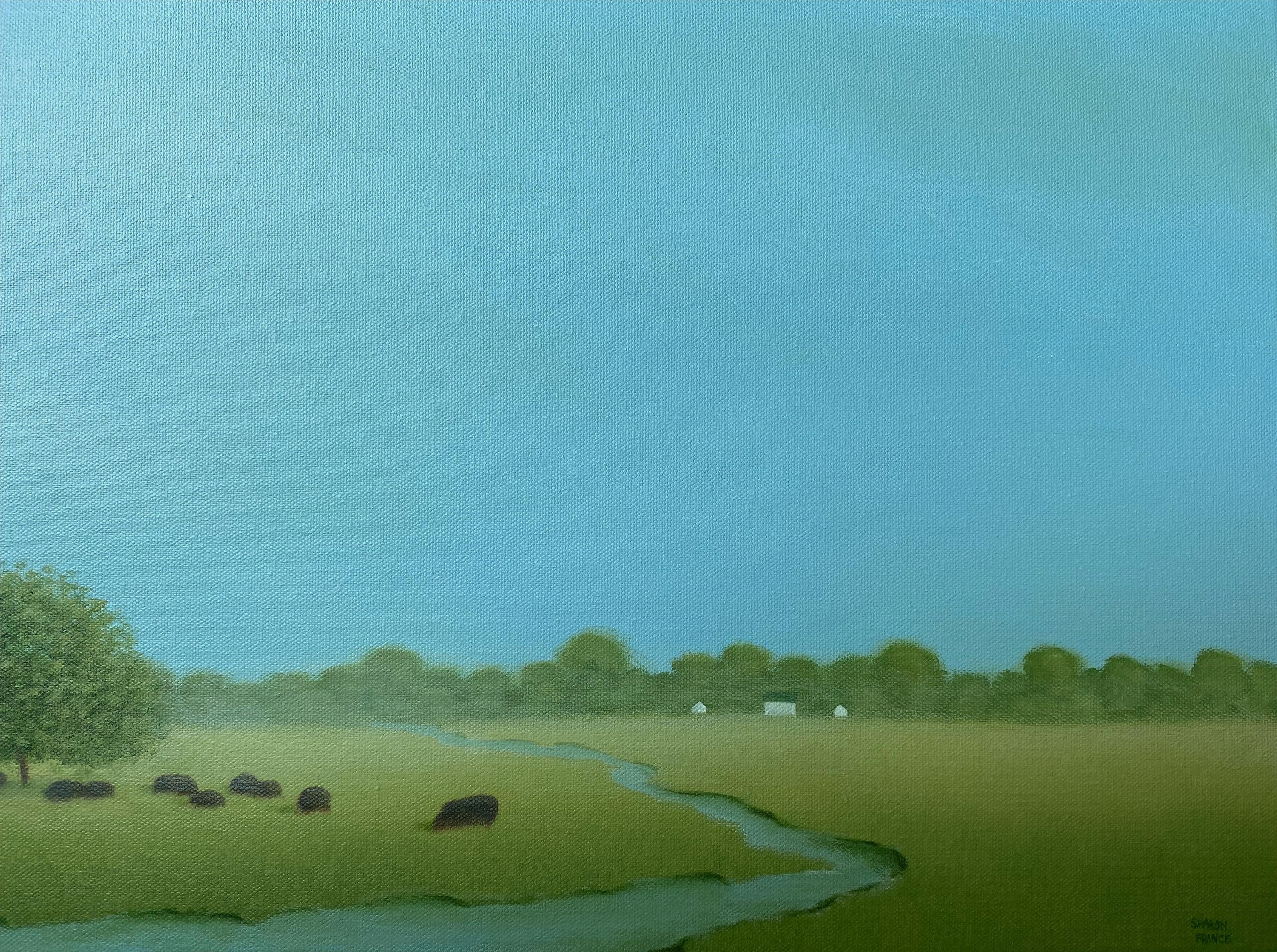 Me inspiré para pintar esta obra en un viejo prado que visité hace años, en una remota carretera secundaria del Heartland.  Representé esta escena tranquila en un día nublado, en el que los sonidos pueden viajar muy lejos en el campo.  Este cuadro