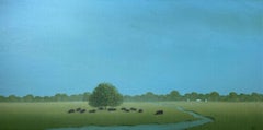 Cattle Grazing by a Quiet Stream, Painting, Acrylic on Canvas