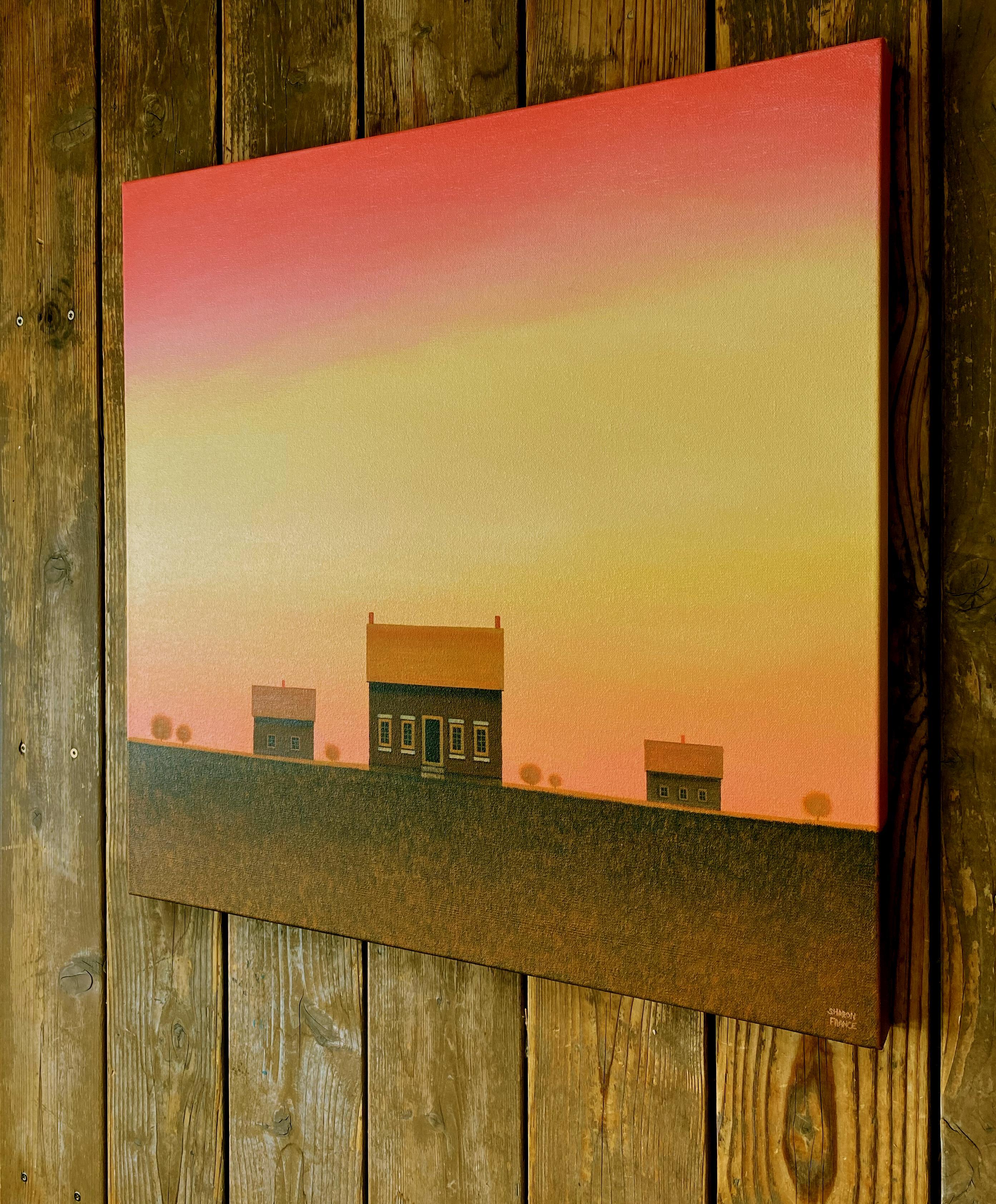 <p>Artist Comments<br>Artist Sharon France exhibits a modern image of a rustic old farmhouse, an old barn, and a shed. She paints the dreamy display from free imagination. The golden gradient fully captures the warmth of the whimsical evening sky.