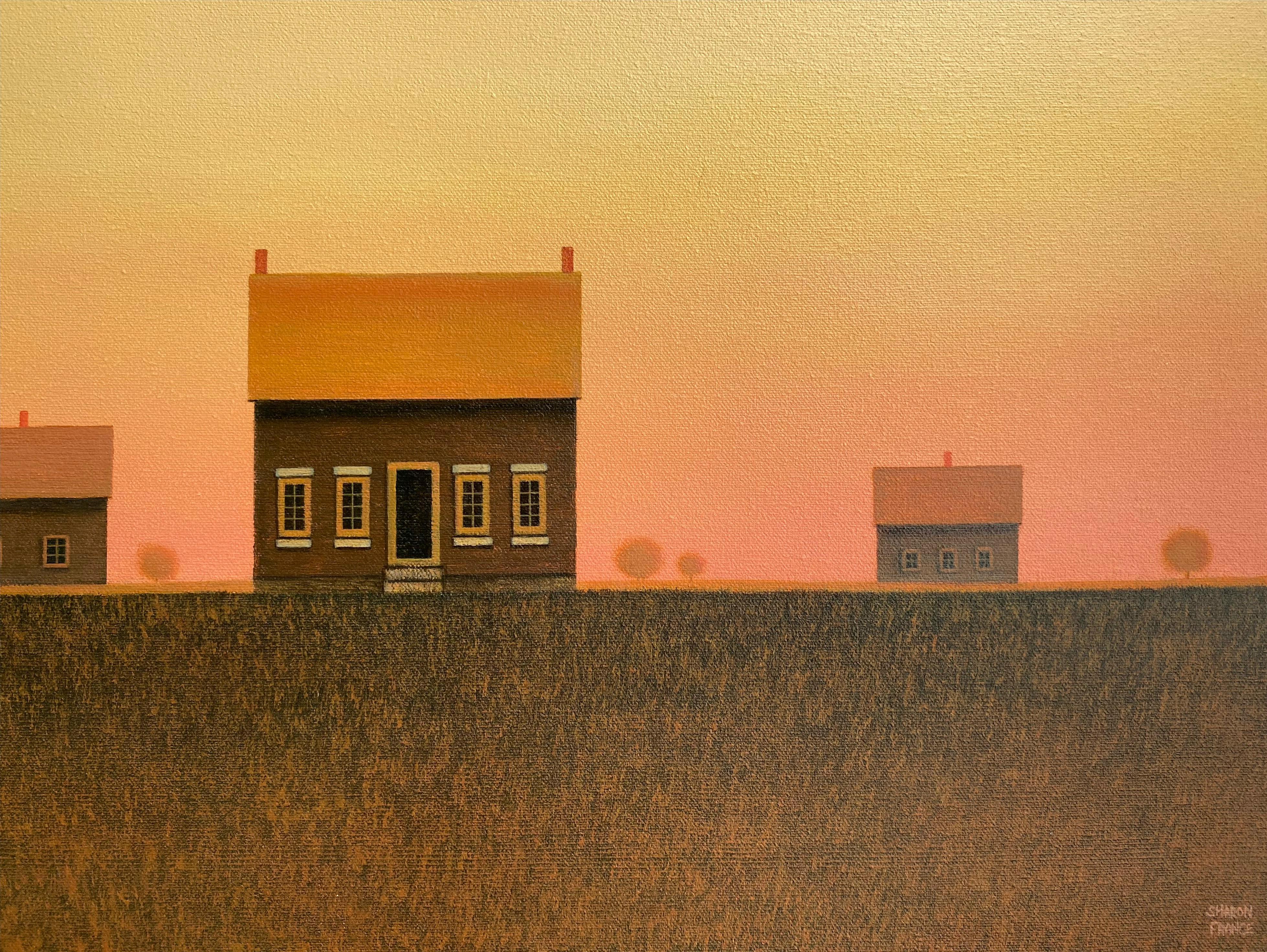 Ferme sous un ciel de coucher de soleil, peinture originale - Orange Interior Painting par Sharon  France
