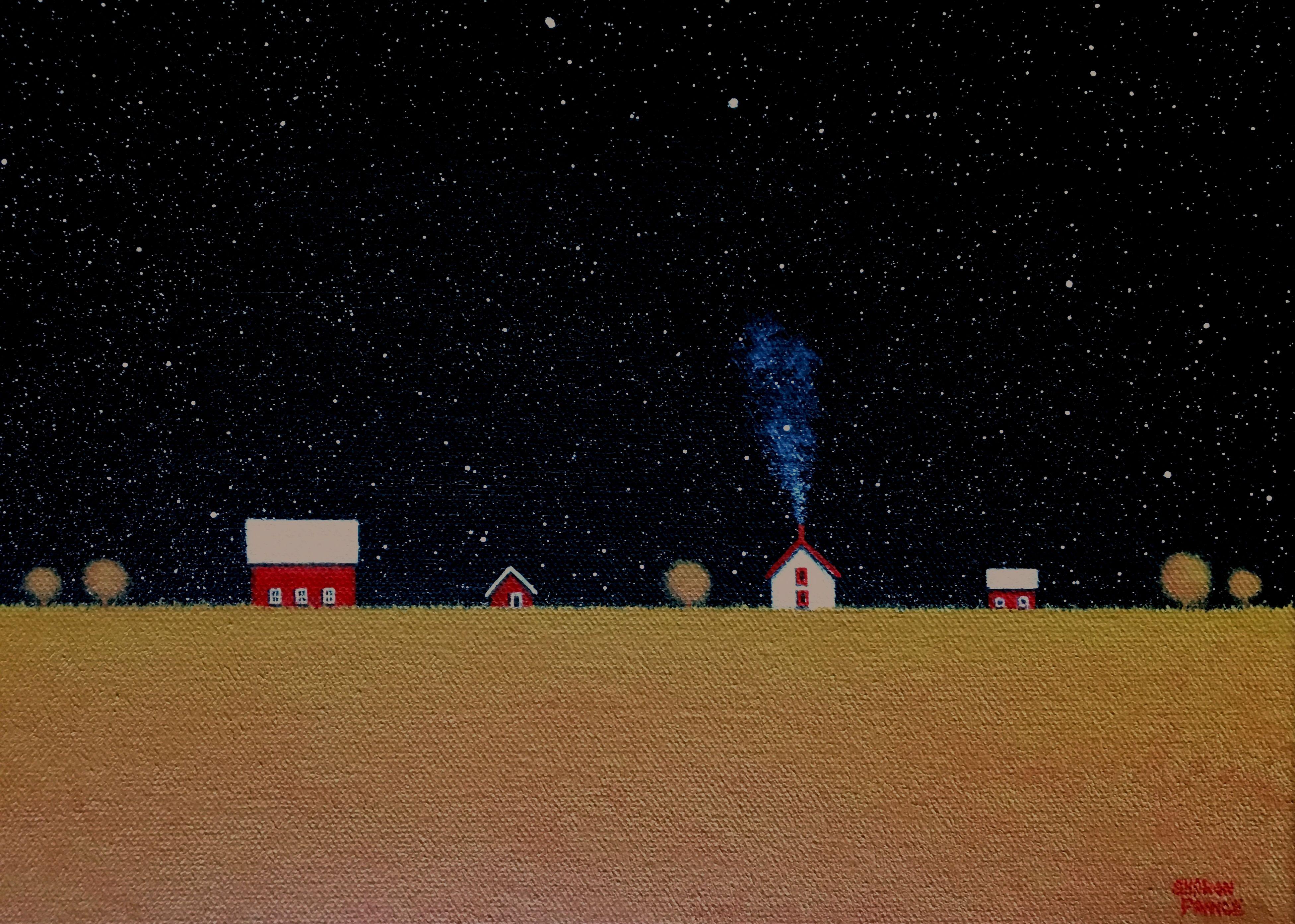 This painting is the 15th in a series of Big Dipper paintings that Sharon has been working on.  Sharon paints her minimal views of an old farmstead on a quiet summers night, where the big open sky is full of stars and the big dipper is overhead. 