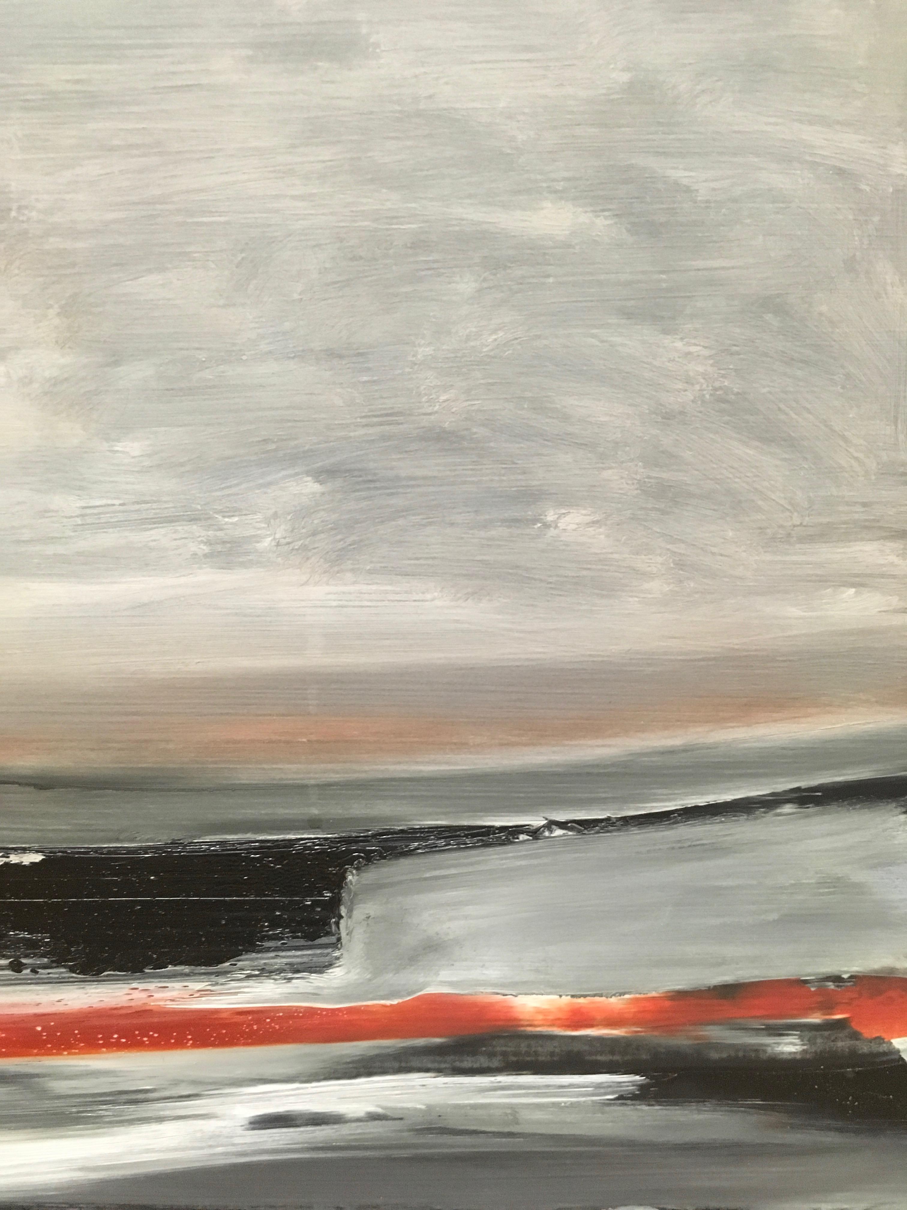 Shore III, Storm, abstract landscape, Oil on Board, Framed, Hudson River School - Gray Abstract Painting by Sharon Gordon