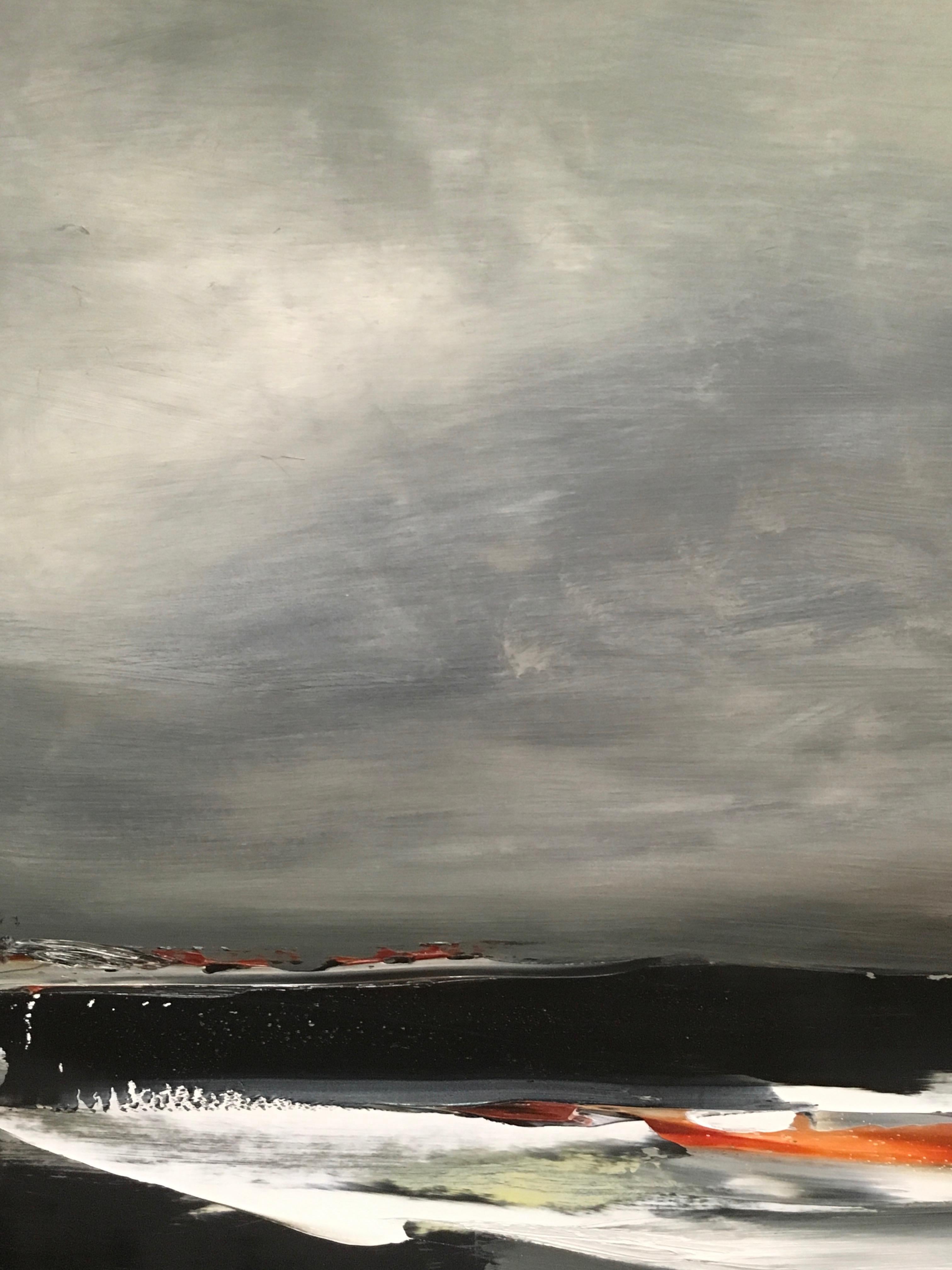 Shore III, Oil on Board, 21x18.  It is framed.  It is a stormy, abstracted landscape in a Hudson River School painting style.

In Sharon Gordon's landscapes, you can feel her deep connection and passion for the ever-changing nature of large bodies