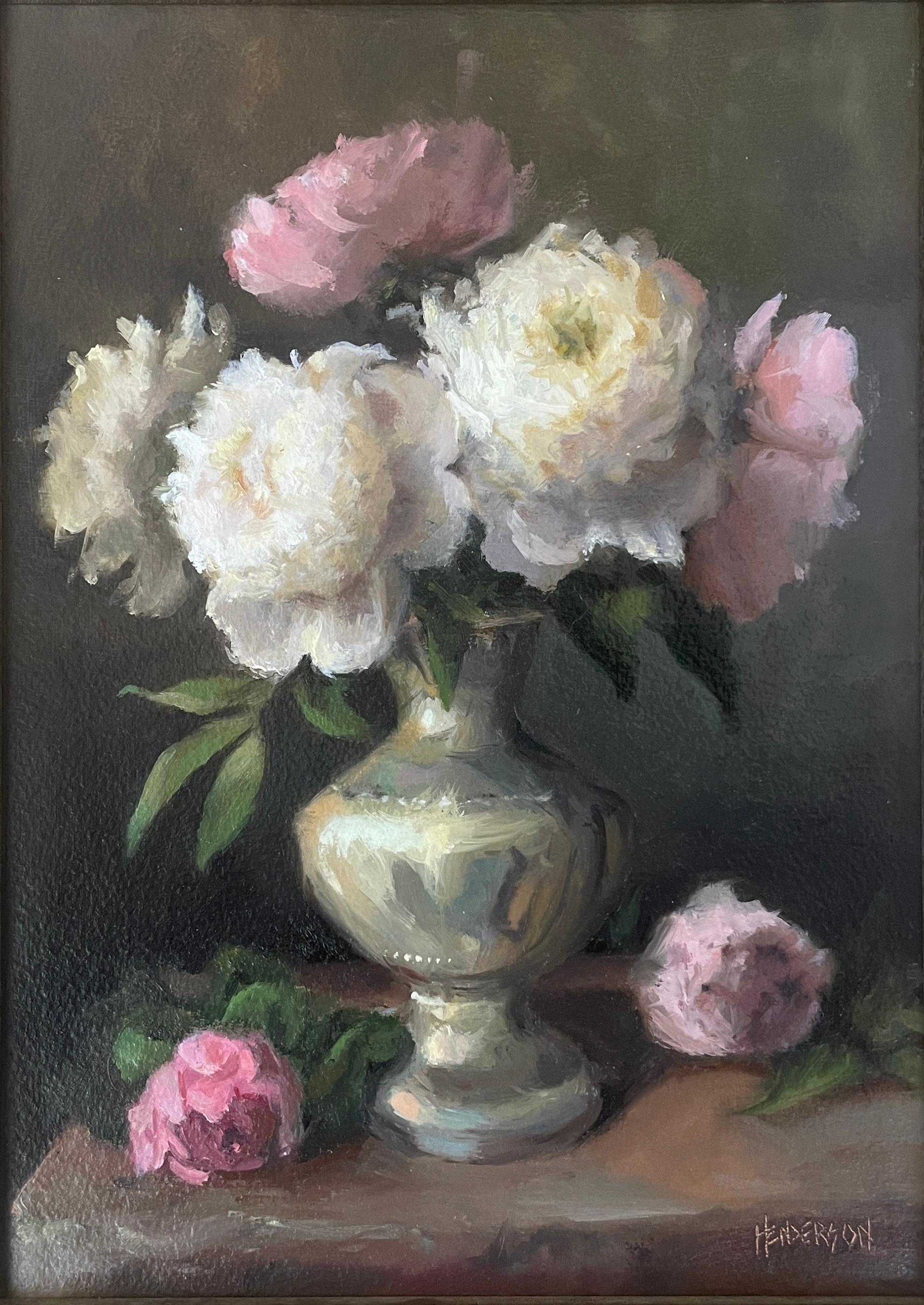 Sterling Peonies: framed contemporary oil painting of pink & white flowers - Painting by Sharon Henderson