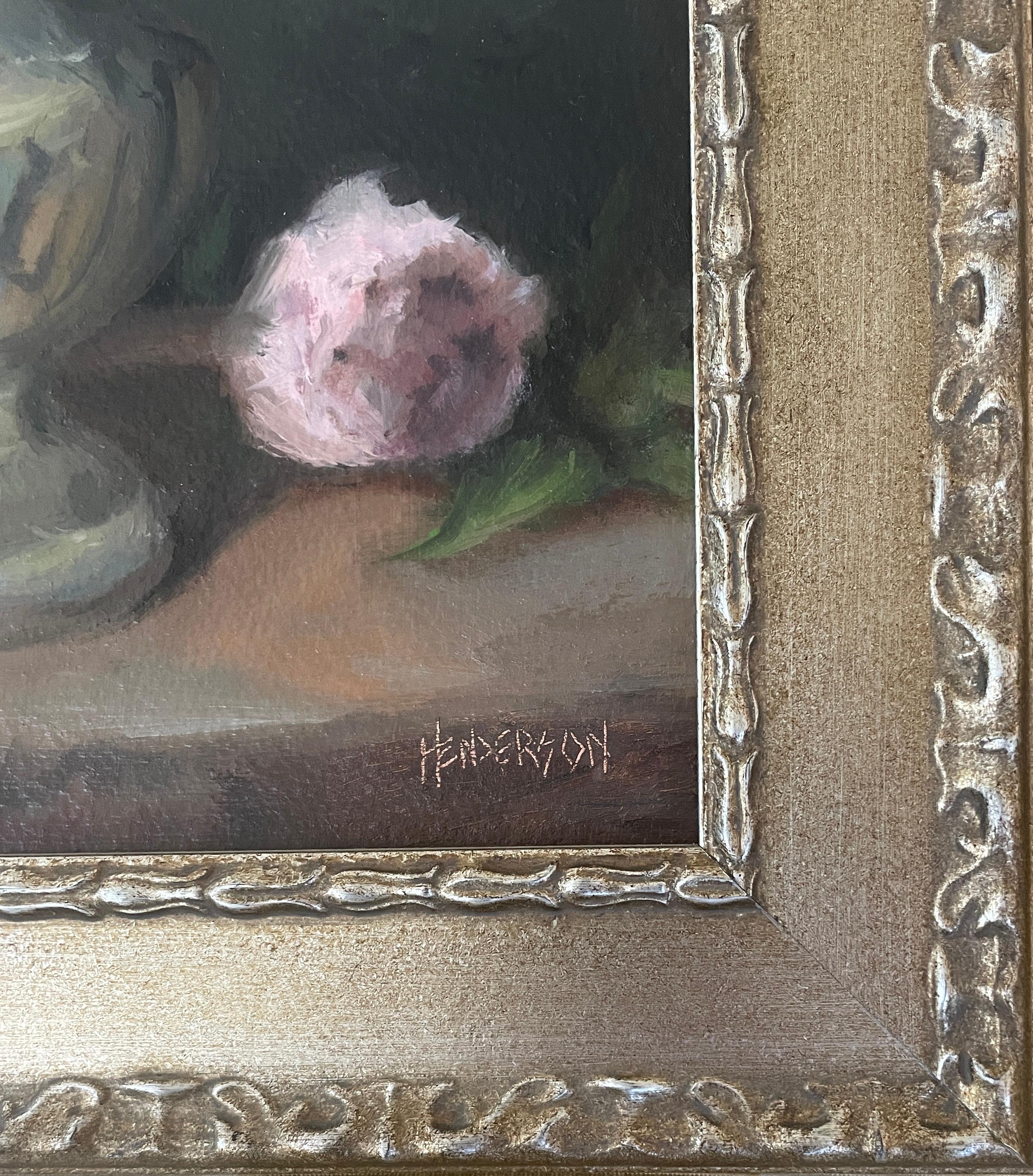 Sterling Peonies: framed contemporary oil painting of pink & white flowers - Realist Painting by Sharon Henderson
