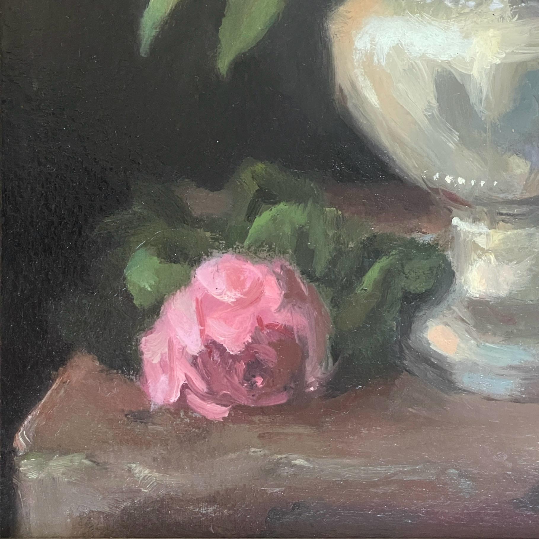 Sterling Peonies: framed contemporary oil painting of pink & white flowers - Gray Still-Life Painting by Sharon Henderson