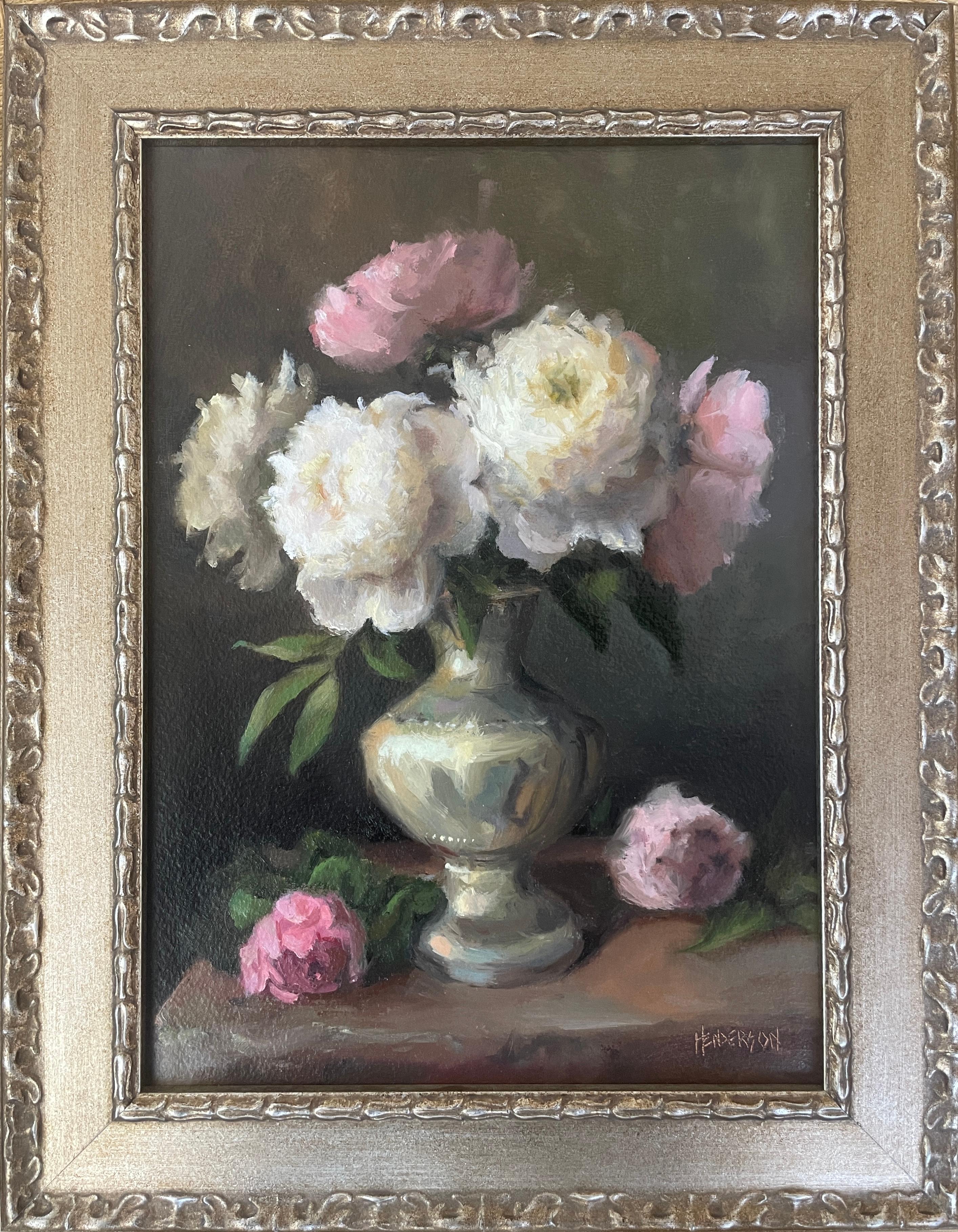 Sterling Peonies: framed contemporary oil painting of pink & white flowers