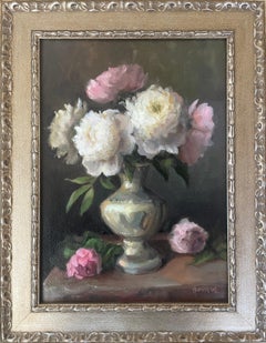 Sterling Peonies: framed contemporary oil painting of pink & white flowers