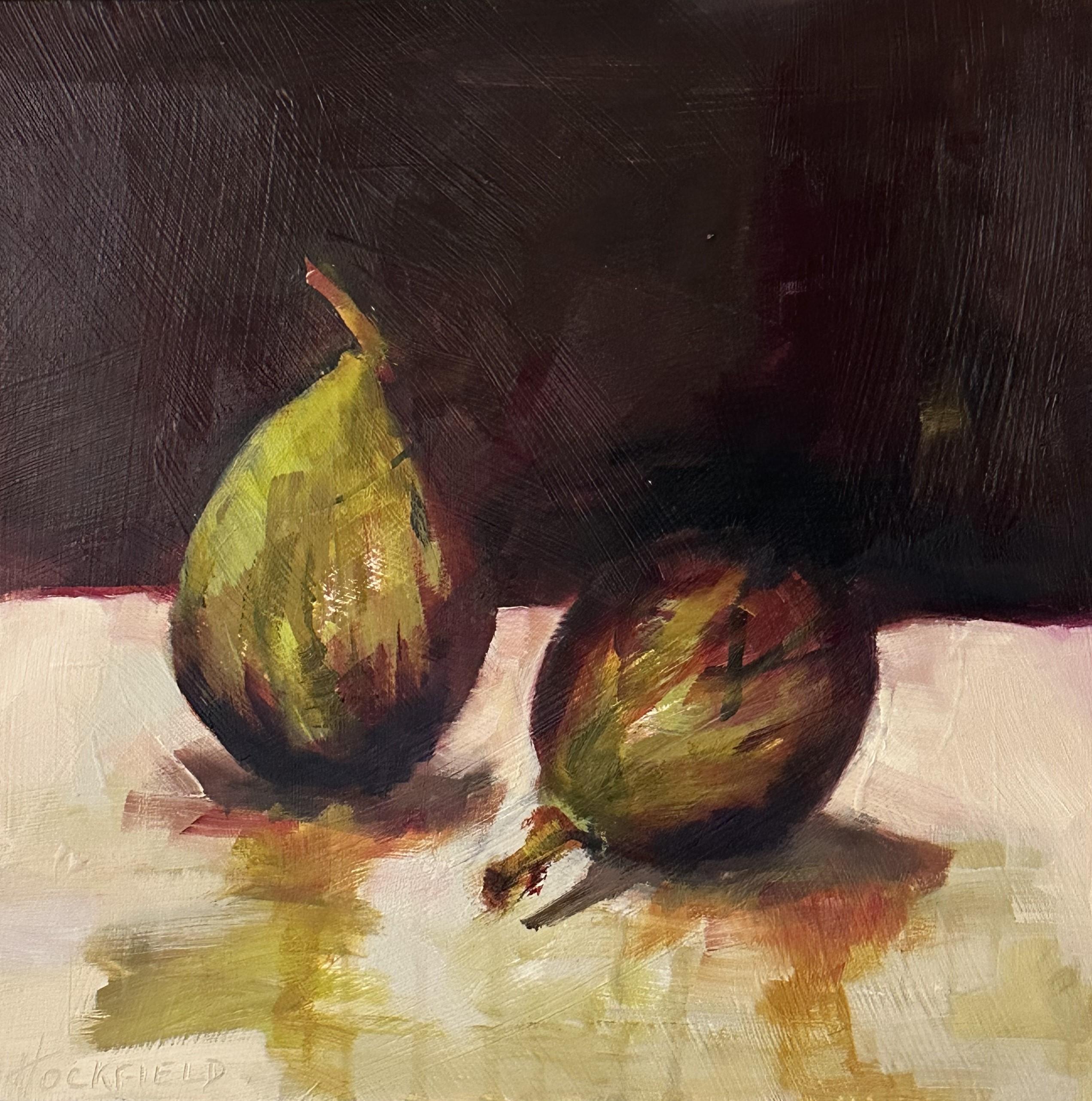 Fig II par Sharon Hockfield, Huile sur toile Nature morte abstraite carrée aux fruits