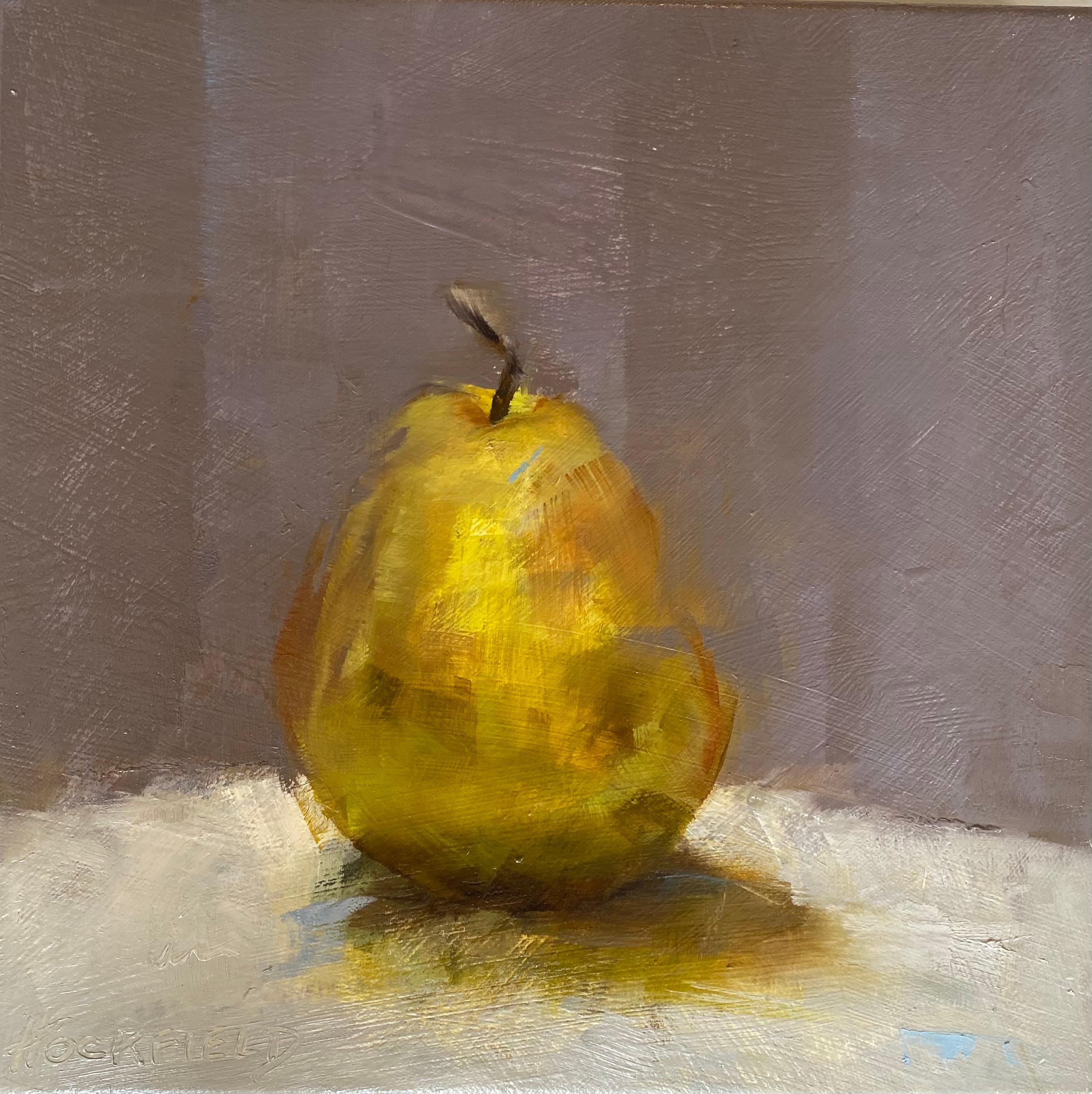 This square oil on canvas painting by American artist Sharon Hockfield is entitled "Harry and David" was created in 2023. One singular pear is depicted in this piece, placed front and center in the composition. The light is shining behind the pear,