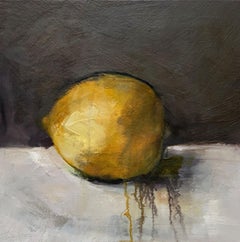 Lemon III par Sharon Hockfield, Huile sur toile Nature morte abstraite carrée aux fruits