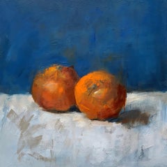 Mandarin II par Sharon Hockfield, Huile sur toile Nature morte abstraite carrée aux fruits