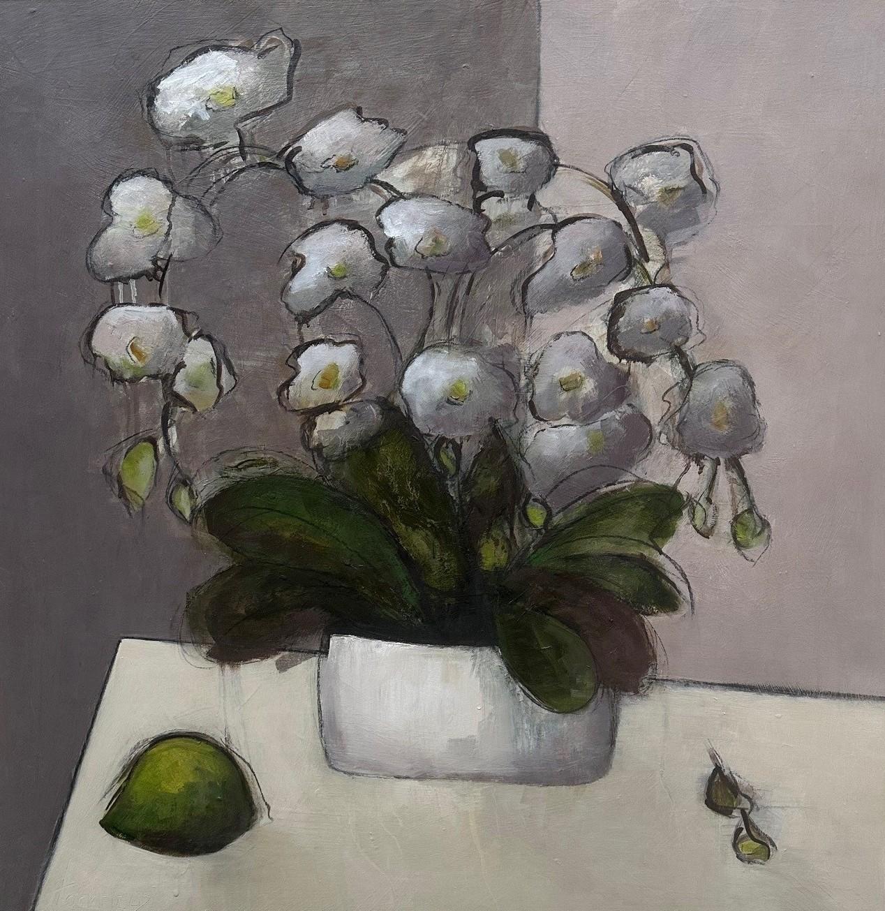 Sharon Hockfield Abstract Painting – Orchidee Malerei Zeitgenössische florale gemischte Medien auf Panel Quadrat 30 x 30