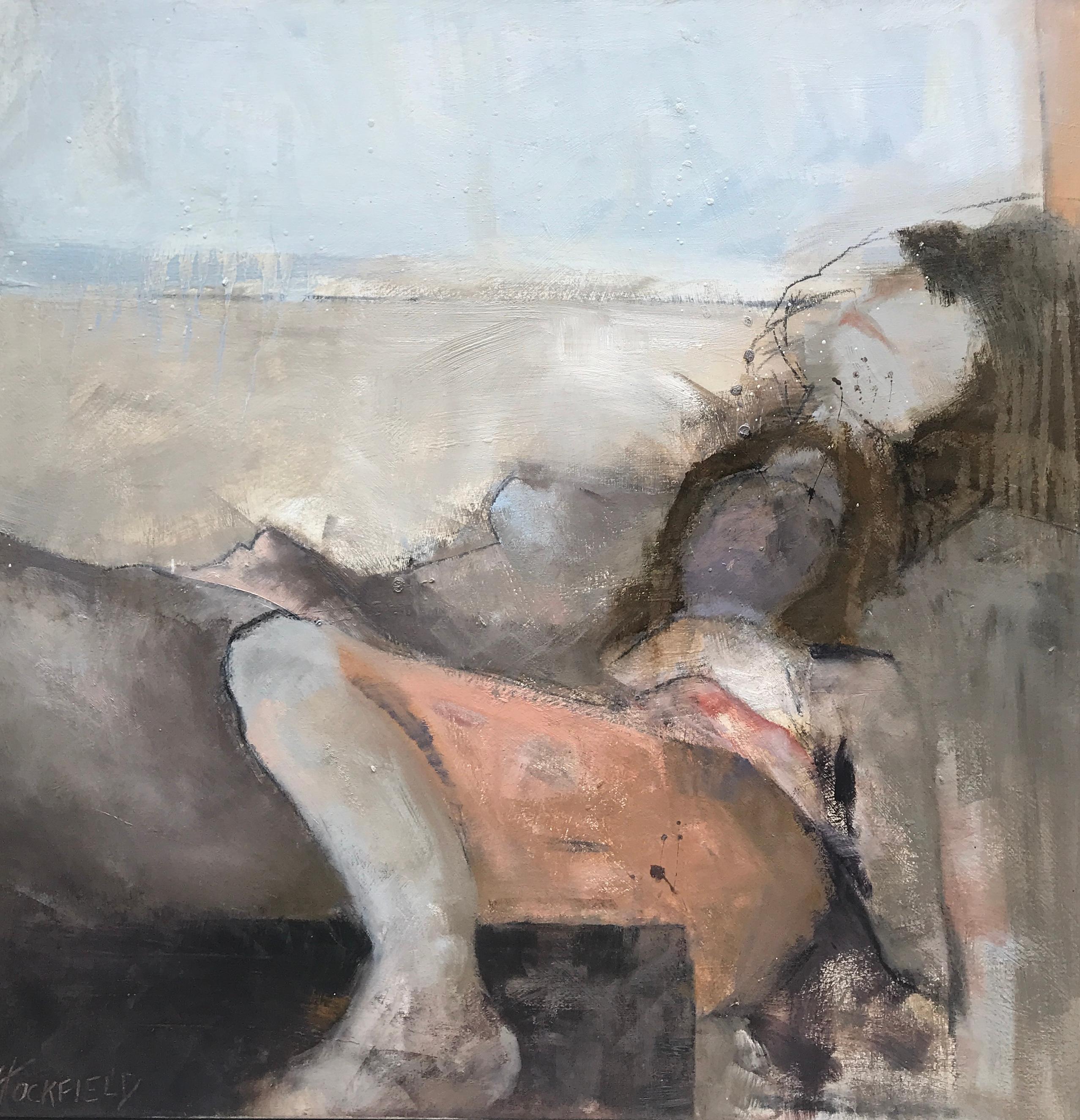 'Warmth' is a contemporary mixed media on canvas painting created by American artist Sharon Hockfield in 2018. Featuring a square format, the painting depicts a woman dressed in a peach skirt, casually lying on a surface that we cannot identify.