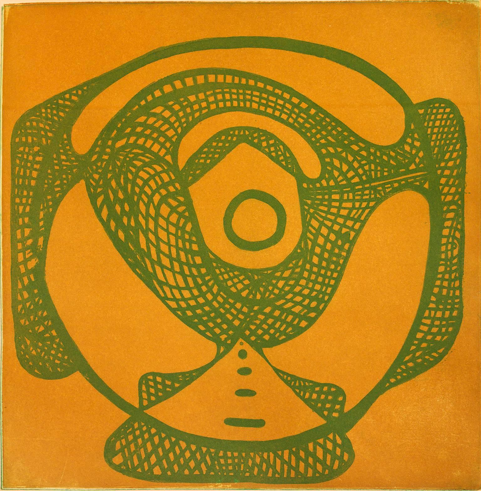 Sharon Horvath Abstract Print - Wheelhouse #2, abstract baseball inspired etching, aquatint print, ochre, green