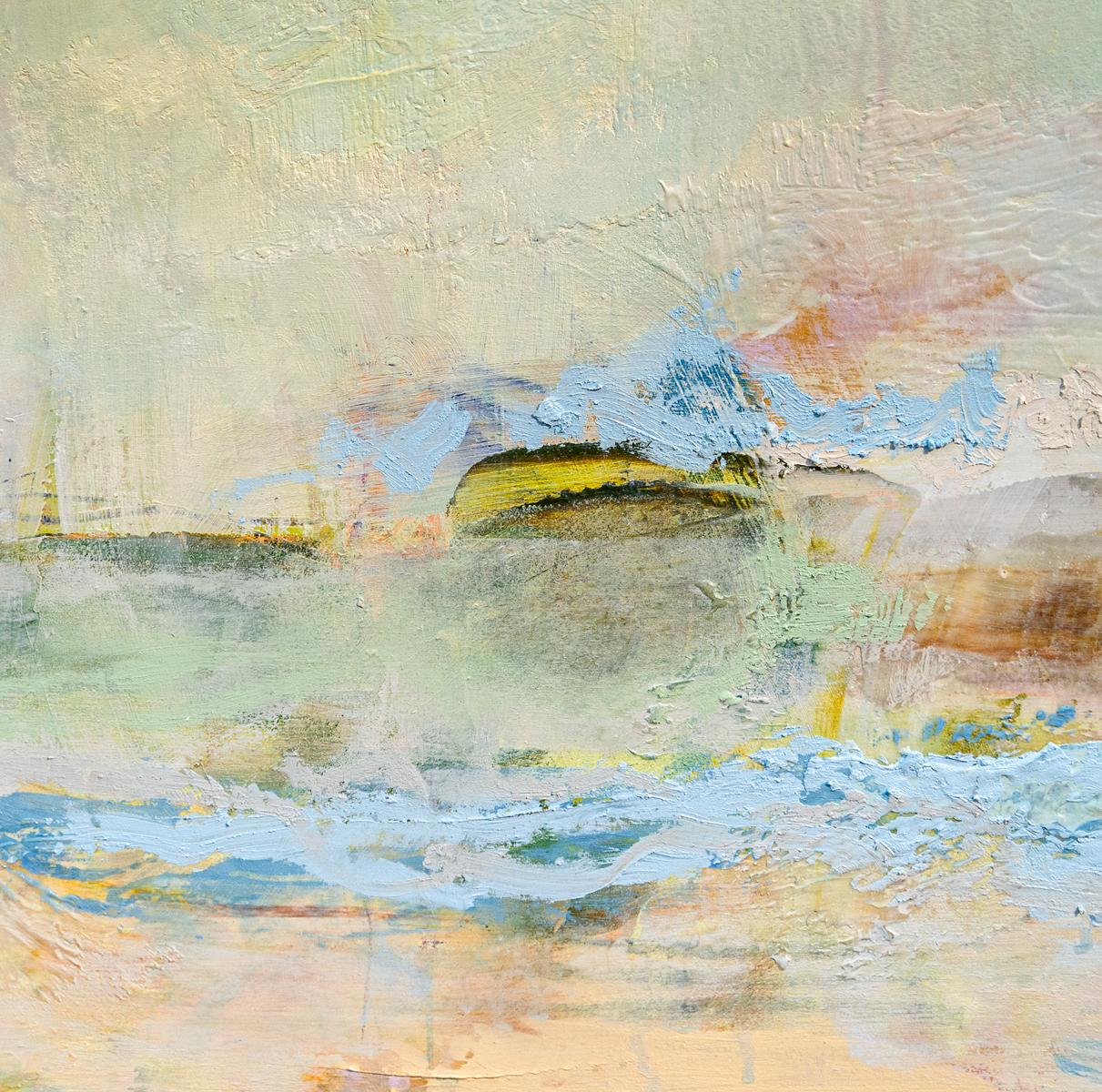 Schaumstoff – weiche, kühle, strukturierte, abstrahierte Landschaft, Mischtechnik, Acryl auf Tafel (Zeitgenössisch), Painting, von Sharon Kelly