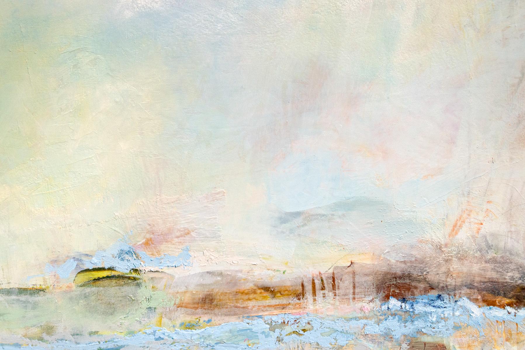 Roam - soft, cool, textured, abstracted landscape, mixed media, acrylic on panel - Gray Abstract Painting by Sharon Kelly