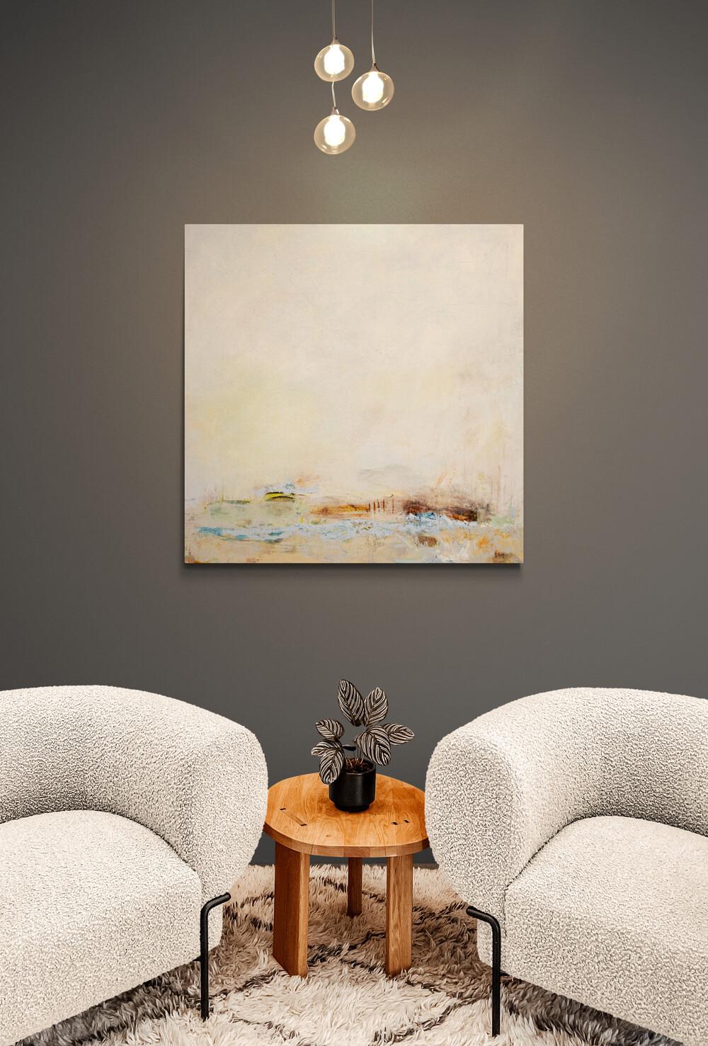 Sharon Kelly’s ethereal, dream-like mixed media pieces are inspired by her love of oceans and waterways. The abstract artist uses generous brush strokes in soft colours—sky blue, yellow, peach-tones, pale green and random markings in black to create