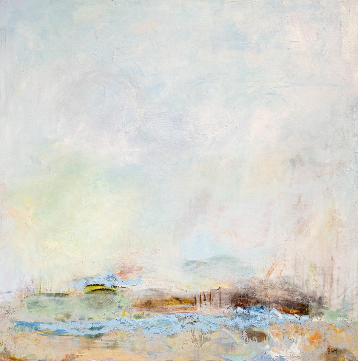 Roam - soft, cool, textured, abstracted landscape, mixed media, acrylic on panel