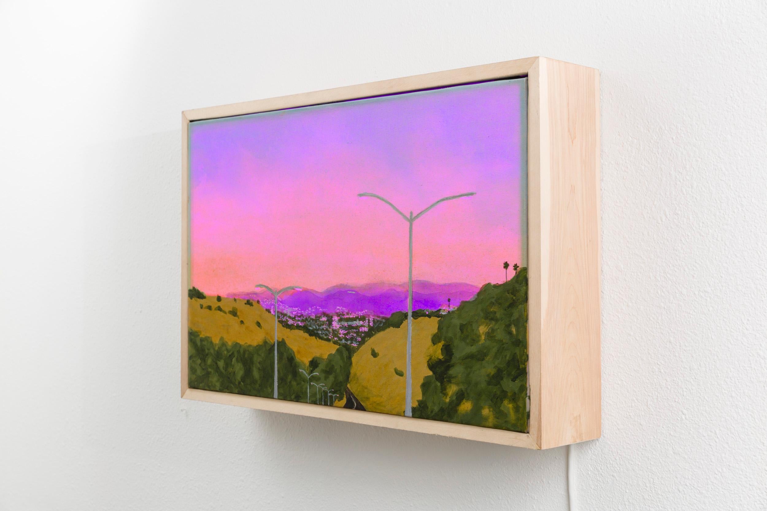 Artist Commentary:
This is a translucent backlit painting, with LED lights behind it, that changes from daytime to sunset as you watch it. It describes the dual reality of the smog-covered landscape and beautiful sunsets of Los Angeles. It is a