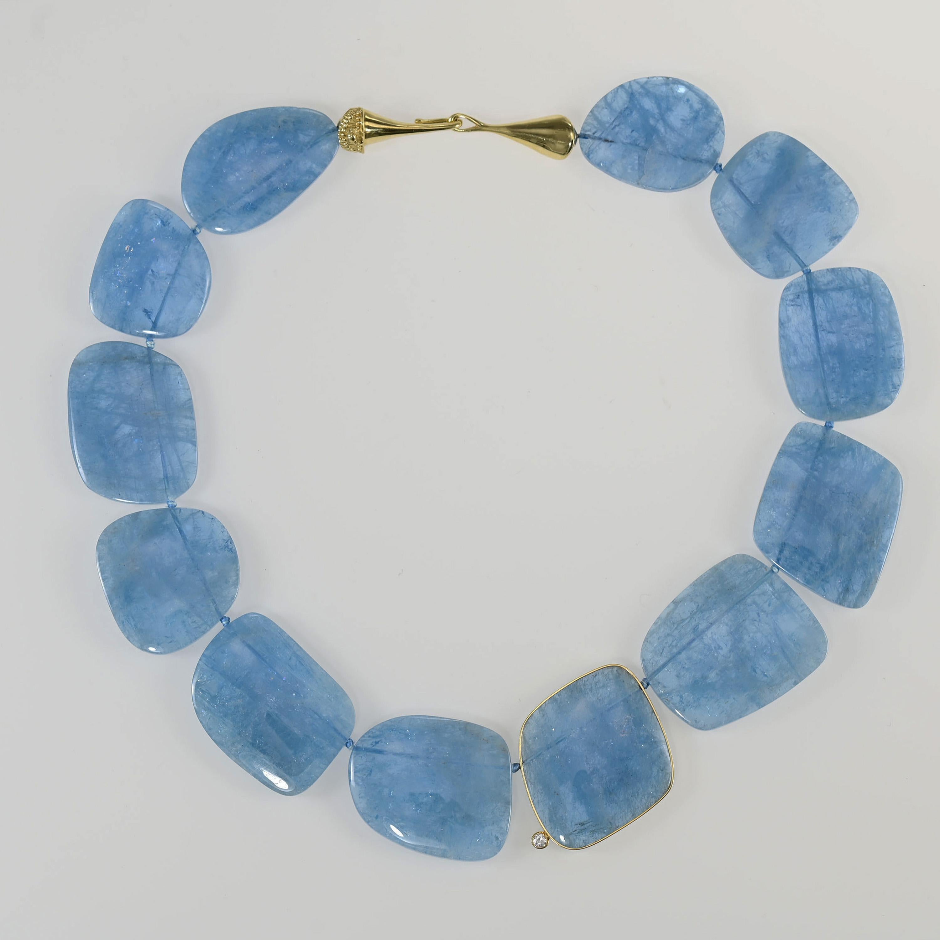 Contemporary Sharon Meyer Couture 18 Karat Yellow Gold Aquamarine Slice and Diamond Necklace For Sale