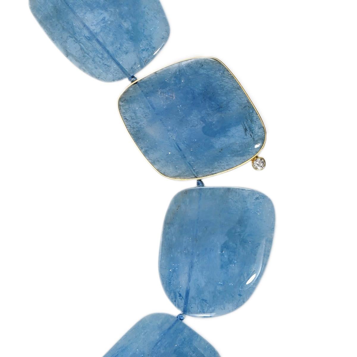 Cabochon Sharon Meyer Couture 18 Karat Yellow Gold Aquamarine Slice and Diamond Necklace For Sale