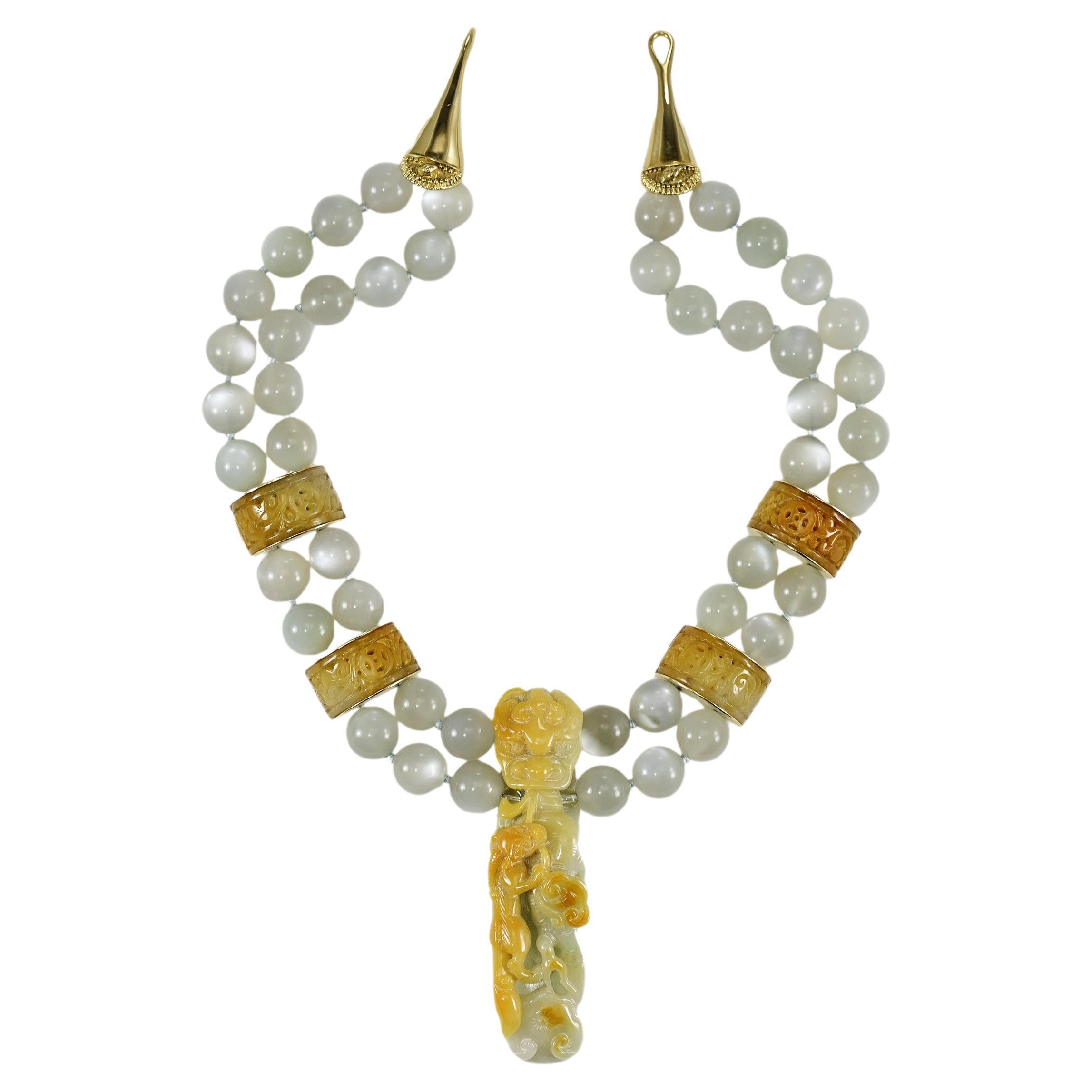 Sharon Meyer Couture 18 Karat Yellow Gold, Moonstone & Carved Jade Necklace