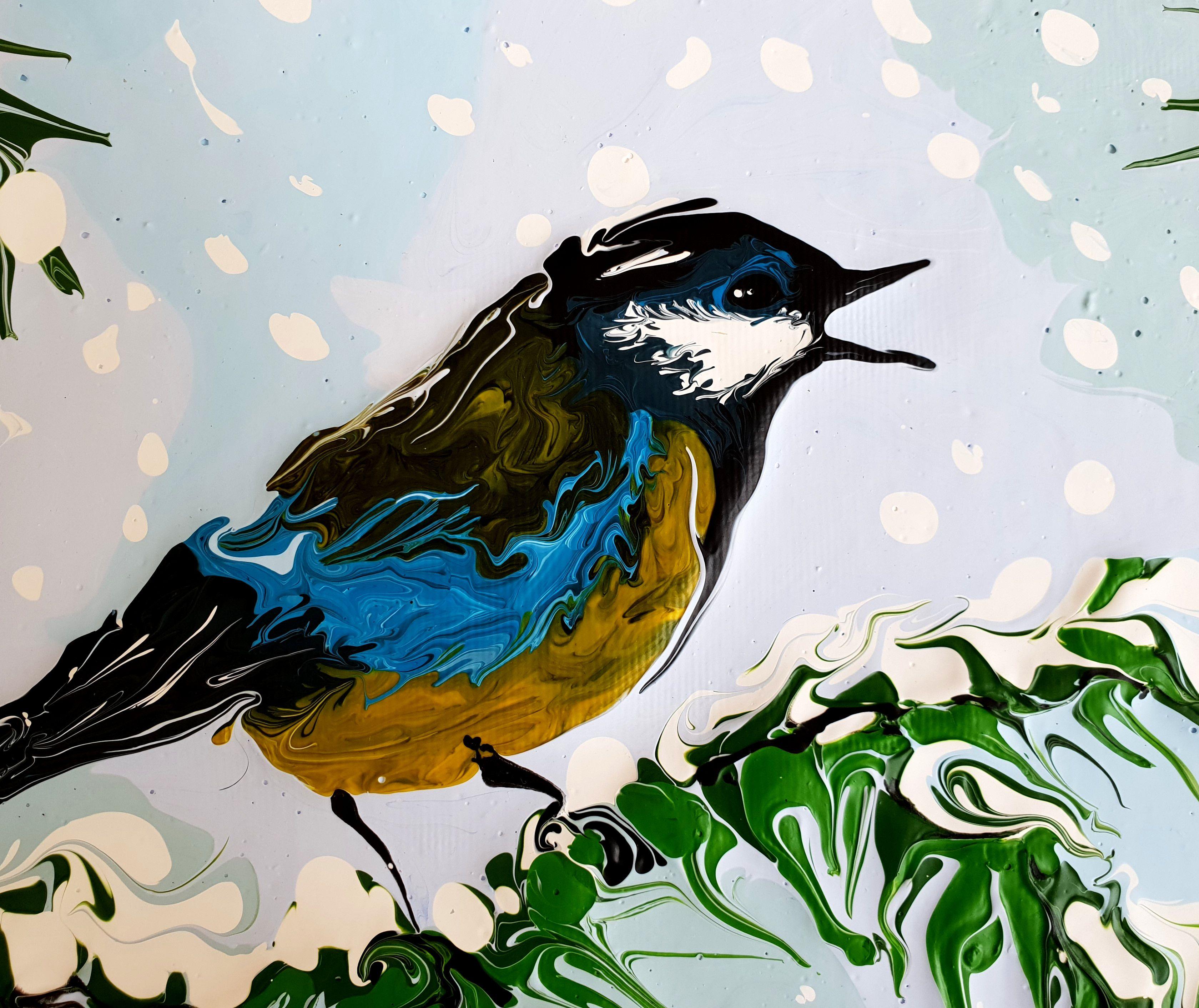 Blau Tit, Gemälde, Acryl auf Leinwand (Impressionismus), Painting, von Sharon (Olga)  Rodionov Shlitner